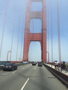 Driving across the Golden Gate, late July-Take note the fog.